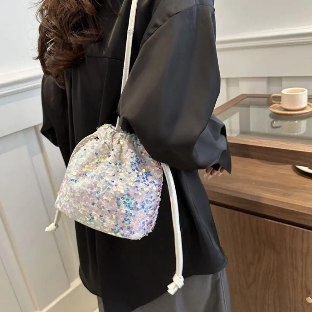 Casual Shiny Evening Banquet Bag Korean Style Handbag Drawstring Crossbody Bag Small Purse Mini Bucket Bag Women