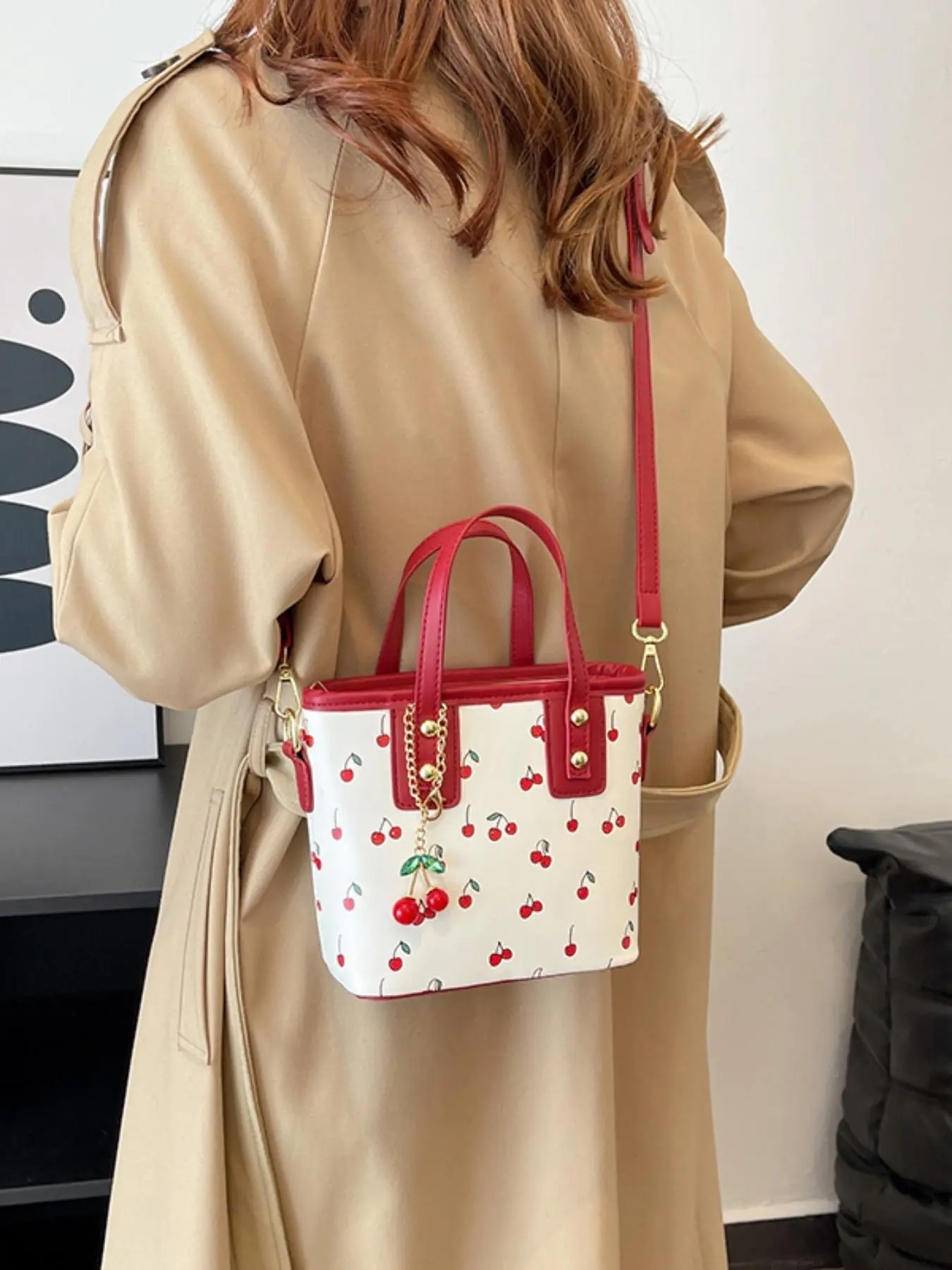 Women's Bucket Bag with Cherry Pattern, DetachableCherry Charm, and Zipper Closure - Stylish RedAccent Shoulder & Crossbody Bag