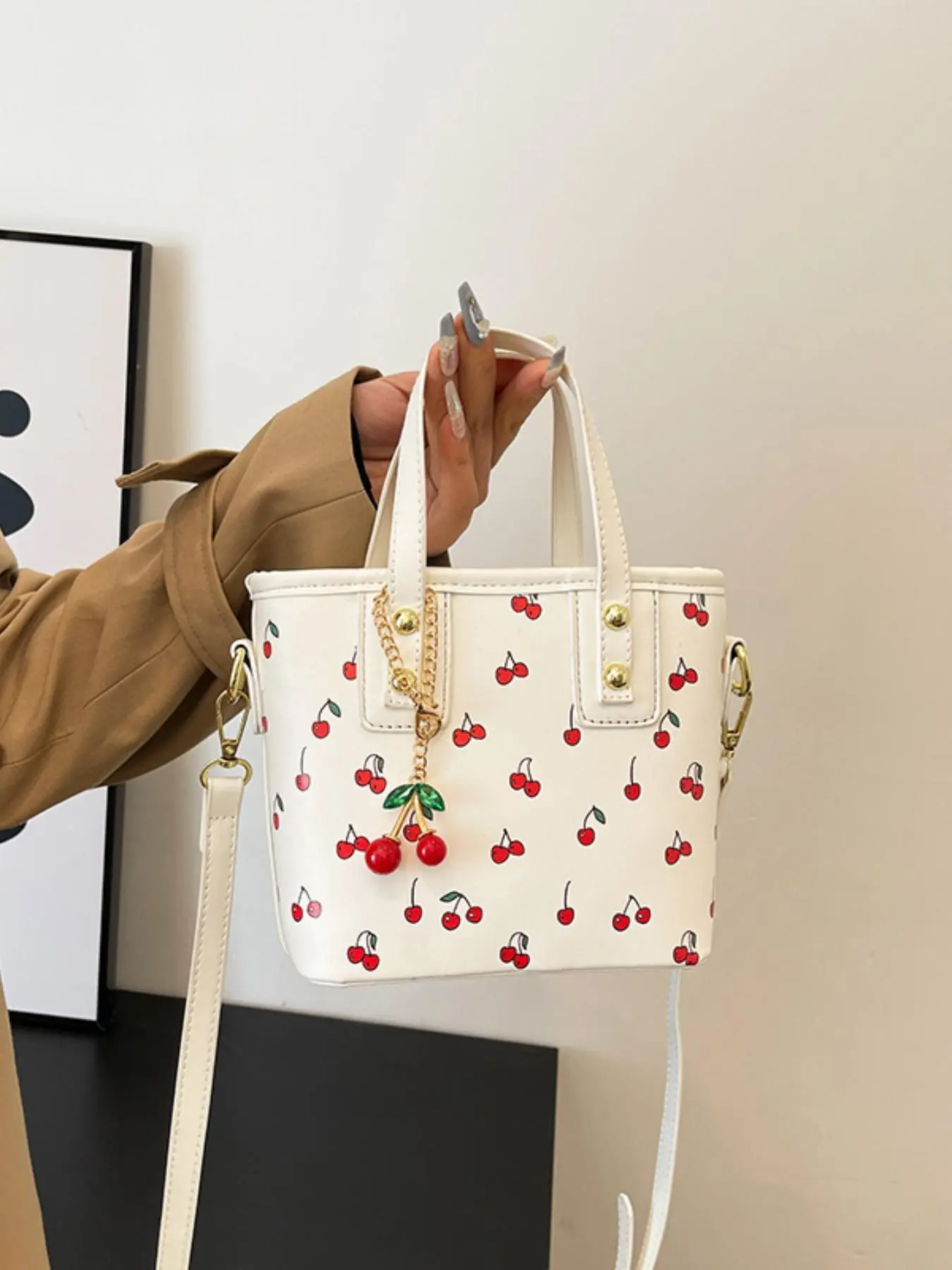Women's Bucket Bag with Cherry Pattern, DetachableCherry Charm, and Zipper Closure - Stylish RedAccent Shoulder & Crossbody Bag