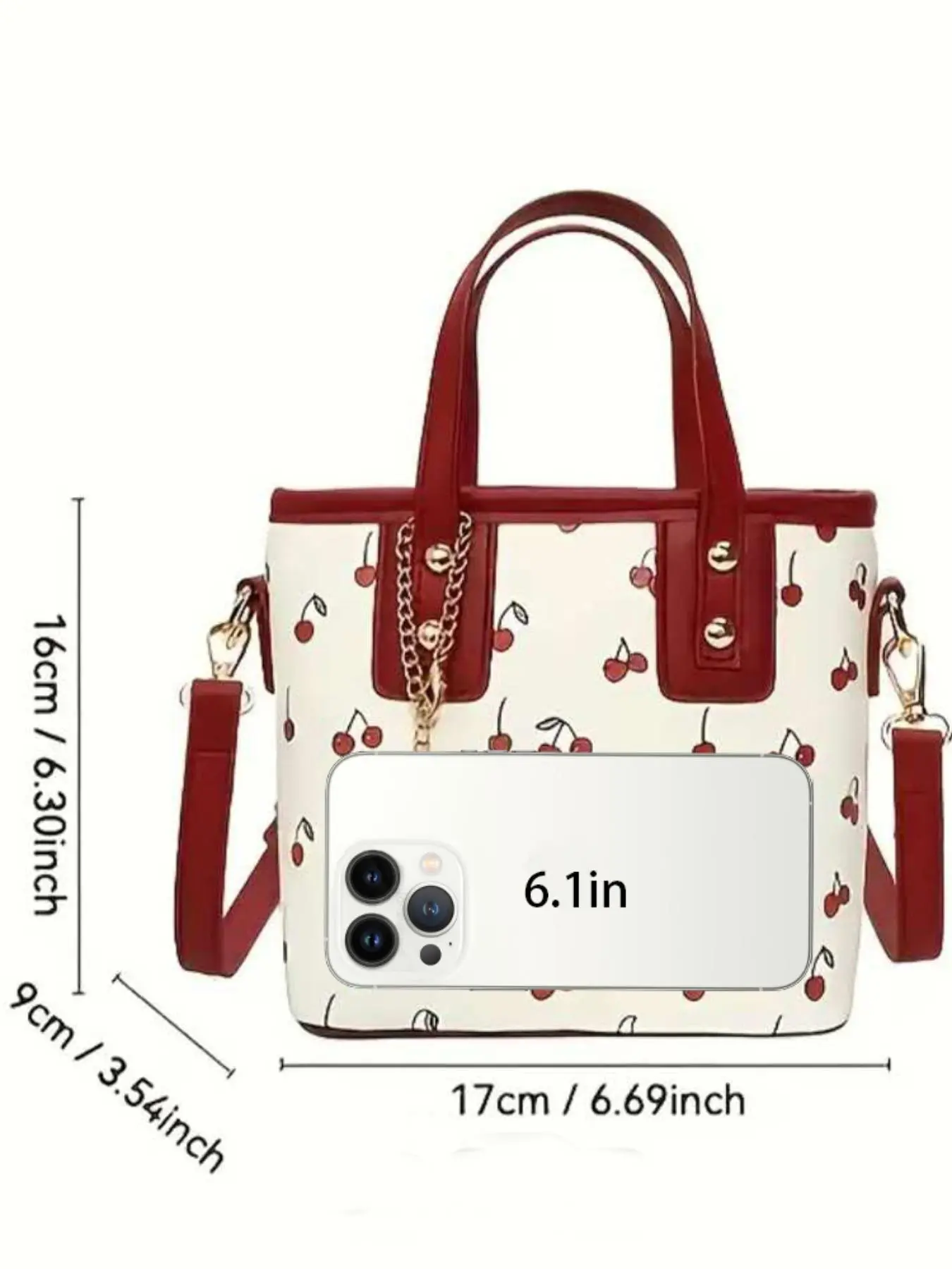 Women's Bucket Bag with Cherry Pattern, DetachableCherry Charm, and Zipper Closure - Stylish RedAccent Shoulder & Crossbody Bag