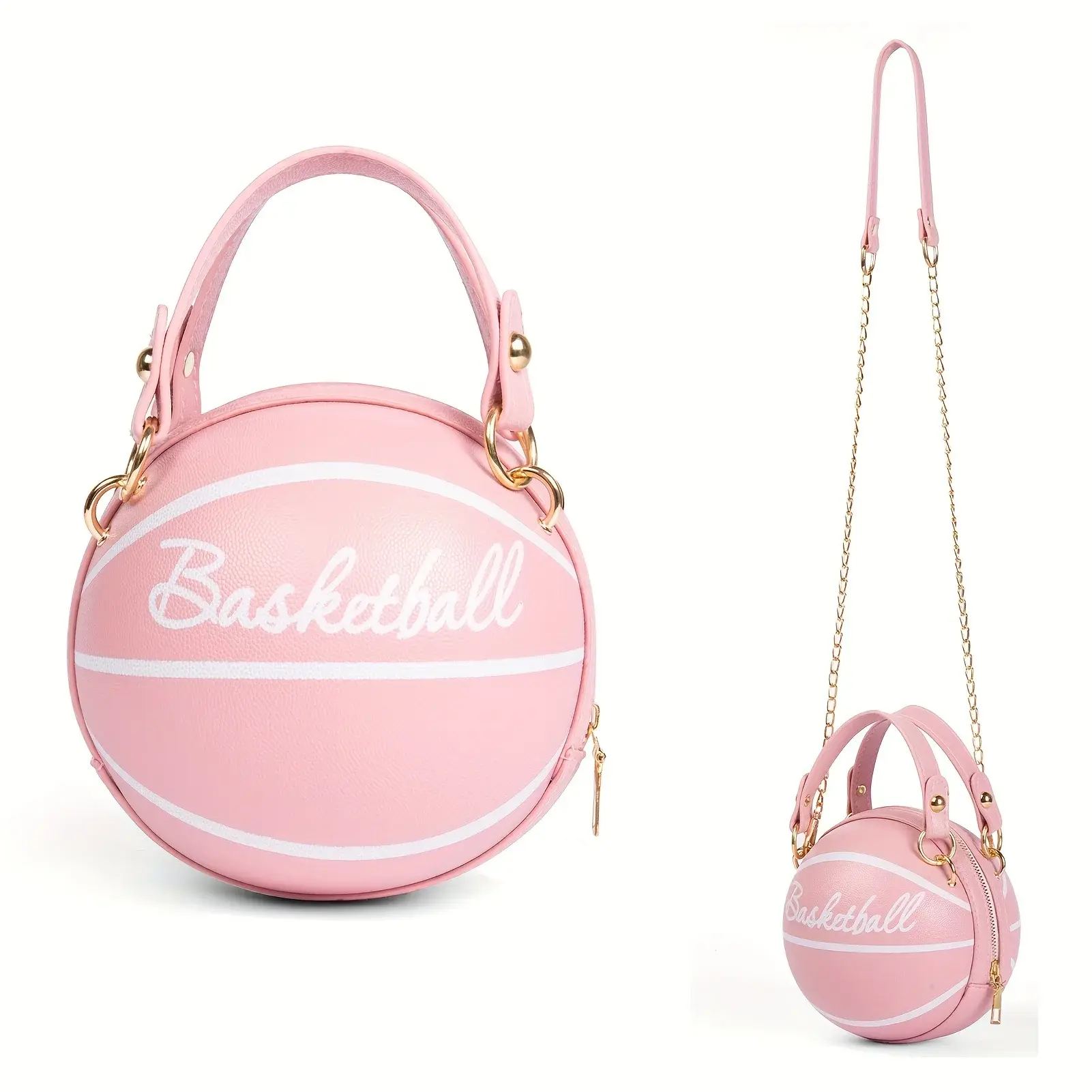 Basketball Shaped Crossbody Bag, Trendy Chain Shoulder Bag, PU Leather Top Handle Circle Purse handbags  women bag