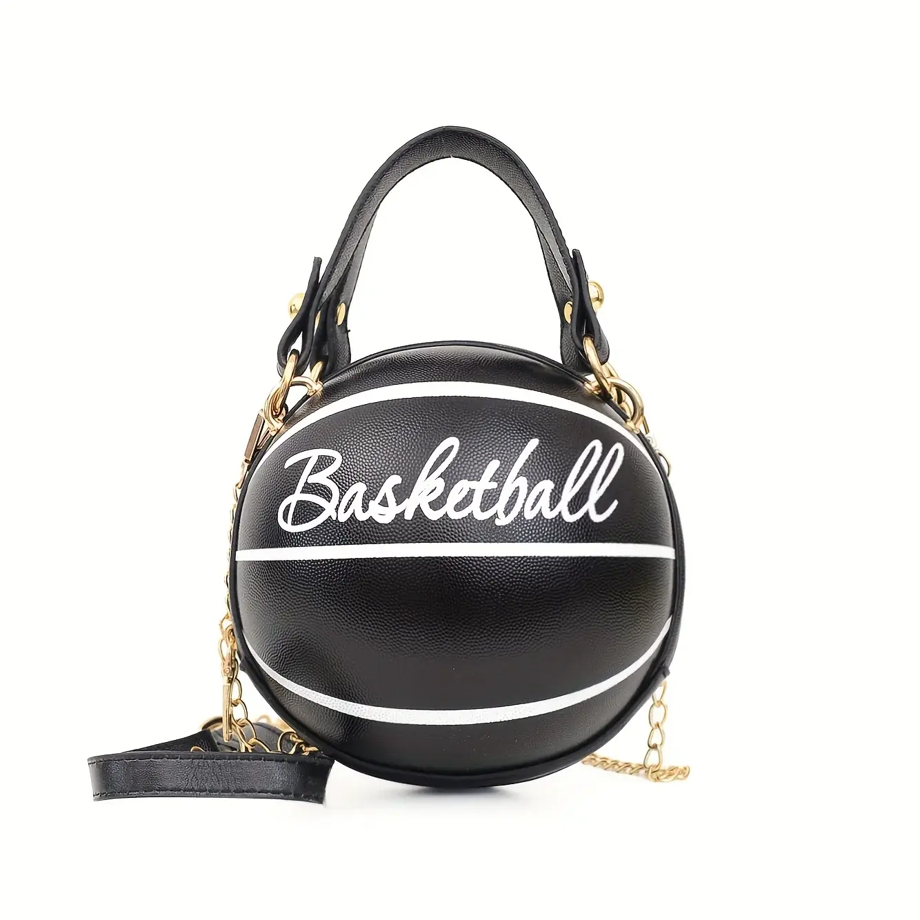 Basketball Shaped Crossbody Bag, Trendy Chain Shoulder Bag, PU Leather Top Handle Circle Purse handbags  women bag