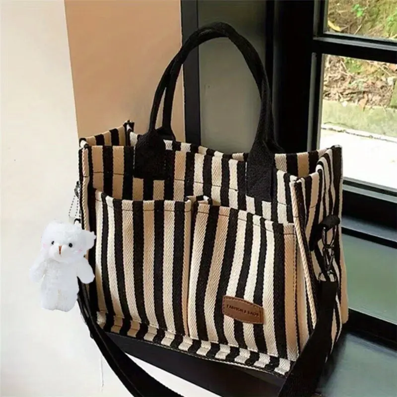 Fashionable Striped Canvas Tote Bag: Perfect for Commuting or Traveling - New Arrival in Women's Handbags