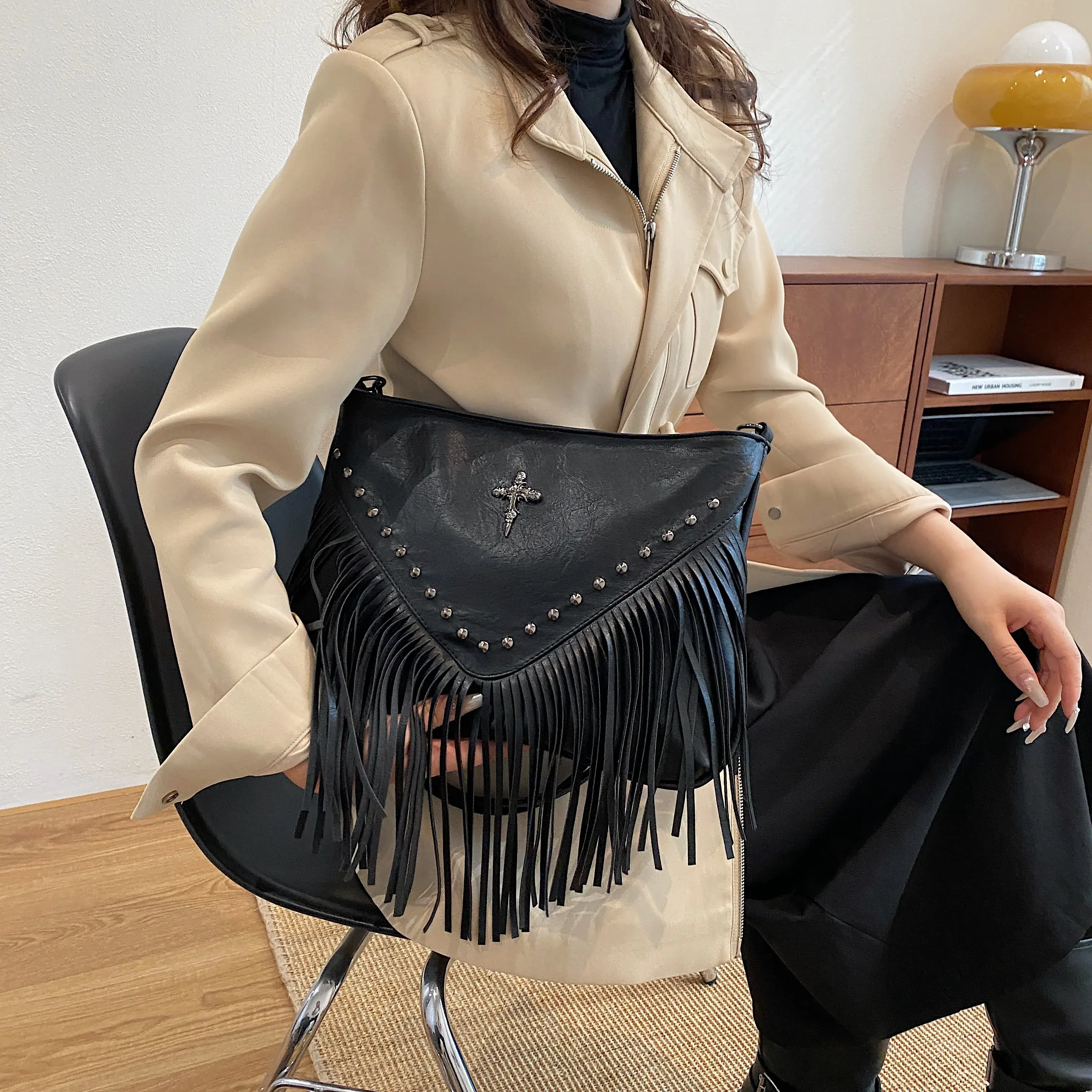 Fashion Vintage Leather Crossbody Bag, Boho Style Shoulder Bag, Tassel Rivet Cross Decor Square Purse Casual Messenger Bag