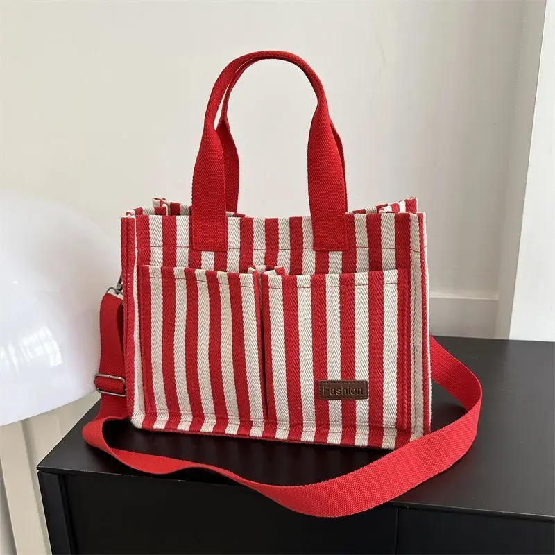 Fashionable Striped Canvas Tote Bag: Perfect for Commuting or Traveling - New Arrival in Women's Handbags