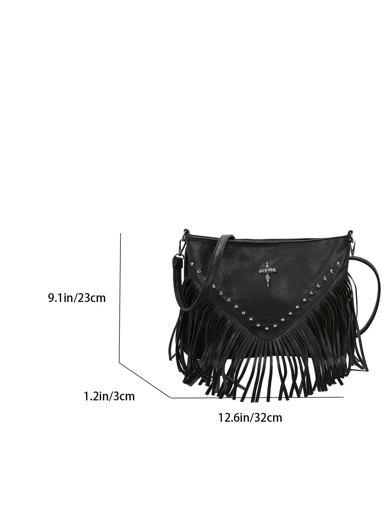 Fashion Vintage Leather Crossbody Bag, Boho Style Shoulder Bag, Tassel Rivet Cross Decor Square Purse Casual Messenger Bag