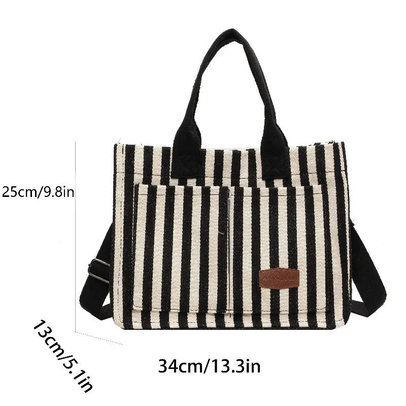 Fashionable Striped Canvas Tote Bag: Perfect for Commuting or Traveling - New Arrival in Women's Handbags