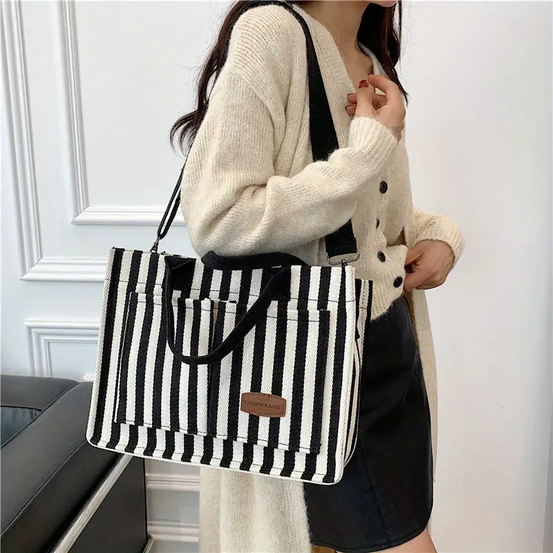 Fashionable Striped Canvas Tote Bag: Perfect for Commuting or Traveling - New Arrival in Women's Handbags