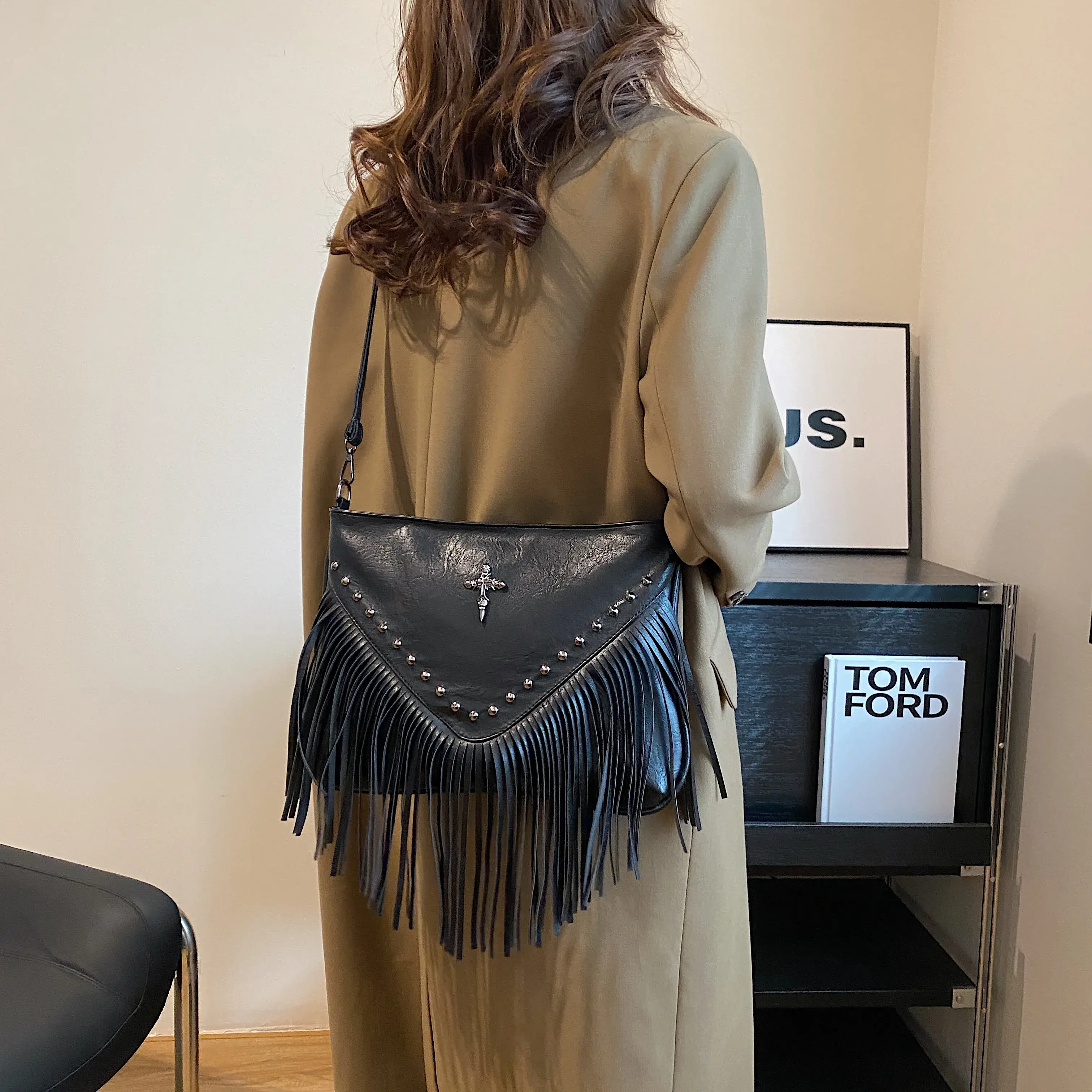 Fashion Vintage Leather Crossbody Bag, Boho Style Shoulder Bag, Tassel Rivet Cross Decor Square Purse Casual Messenger Bag