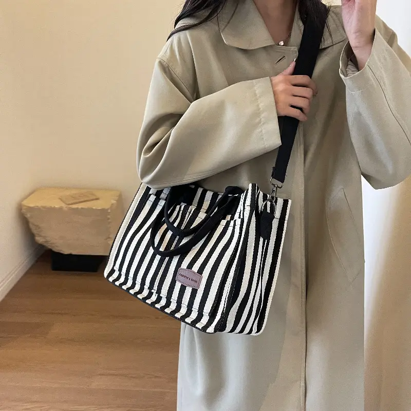 Fashionable Striped Canvas Tote Bag: Perfect for Commuting or Traveling - New Arrival in Women's Handbags