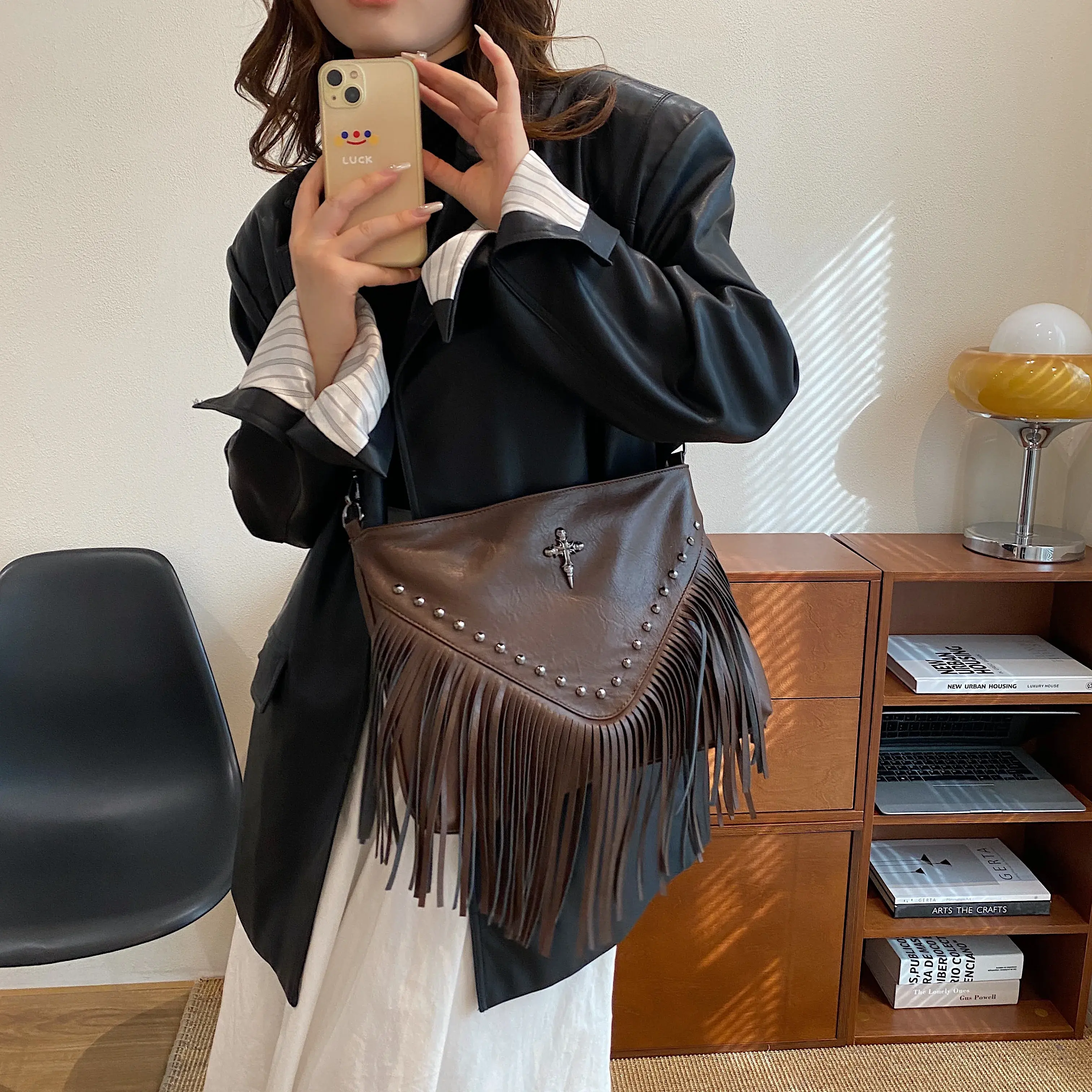 Fashion Vintage Leather Crossbody Bag, Boho Style Shoulder Bag, Tassel Rivet Cross Decor Square Purse Casual Messenger Bag
