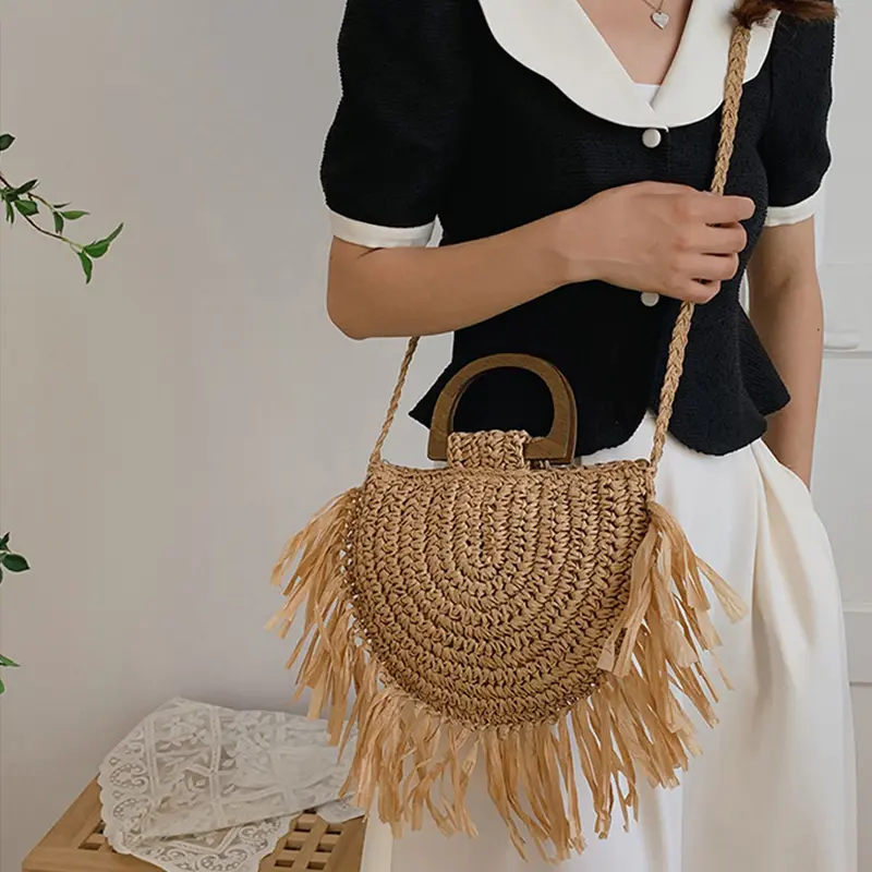 Fashion Straw Woven Shoulder Messenger Bags Women's Saddle Designer Luxury Crossbody Bag Summer Beach Female Tassel Handbag