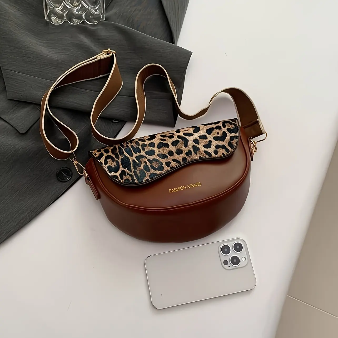 Vintage Leopard Style Crossbody Bag, Small Crossbody Bag, Synthetic Leather Perfect for Outdoor Streetwear and Holiday Gifts