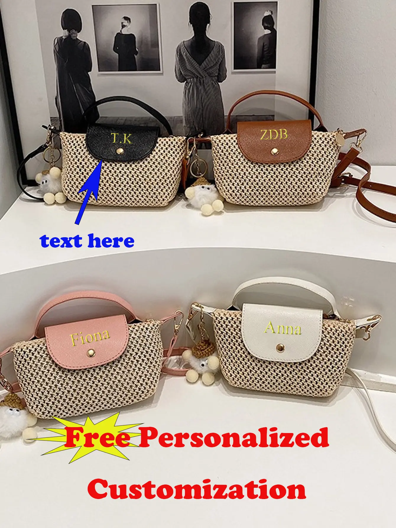 Intitals Customized StyleLady Straw Crossbody Bag with Pendant Summer Tourism Beach Vacation New All Match Shoulder Handbag