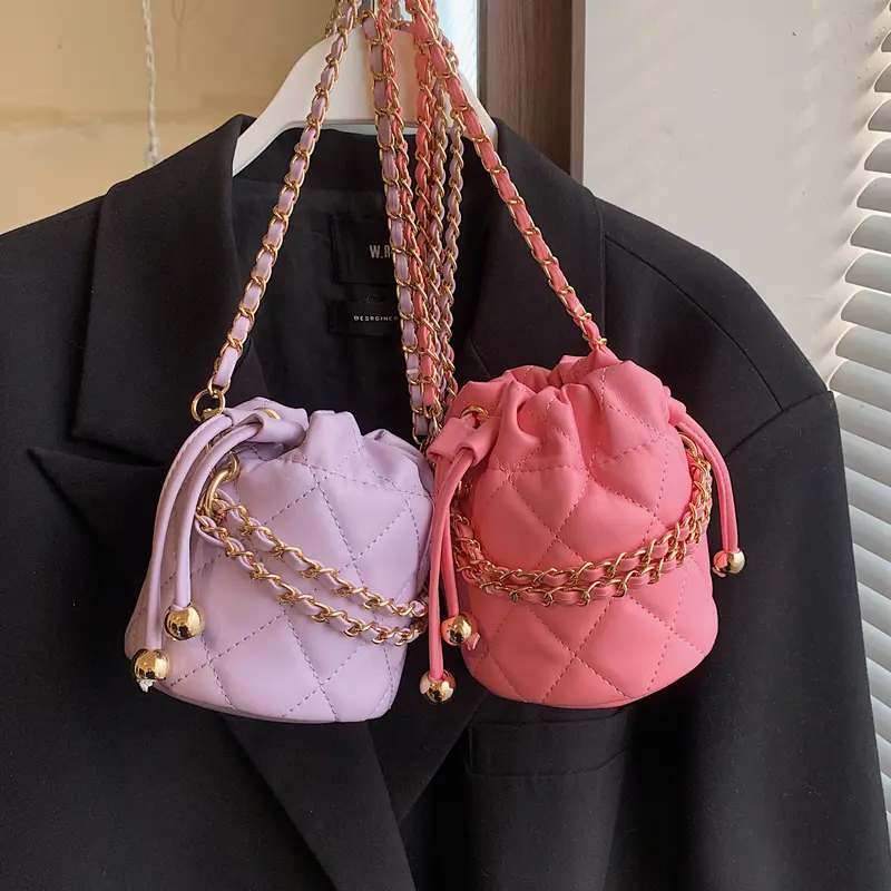 Chic Mini Bucket Bag for Women Summer 2024 New Solid Chain Crossbody Bags Exquisite Versatile Girls One Shoulder Card Pack Purse