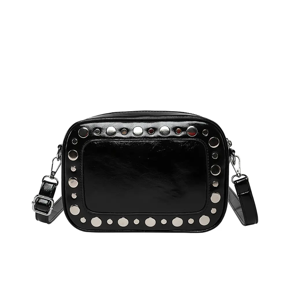 Creative Rivet Camera Bag Women Outdoor Casual Square Crossbody Bags Simple Solid Color Trendy Burgundy Shoulder Bags Day Pack