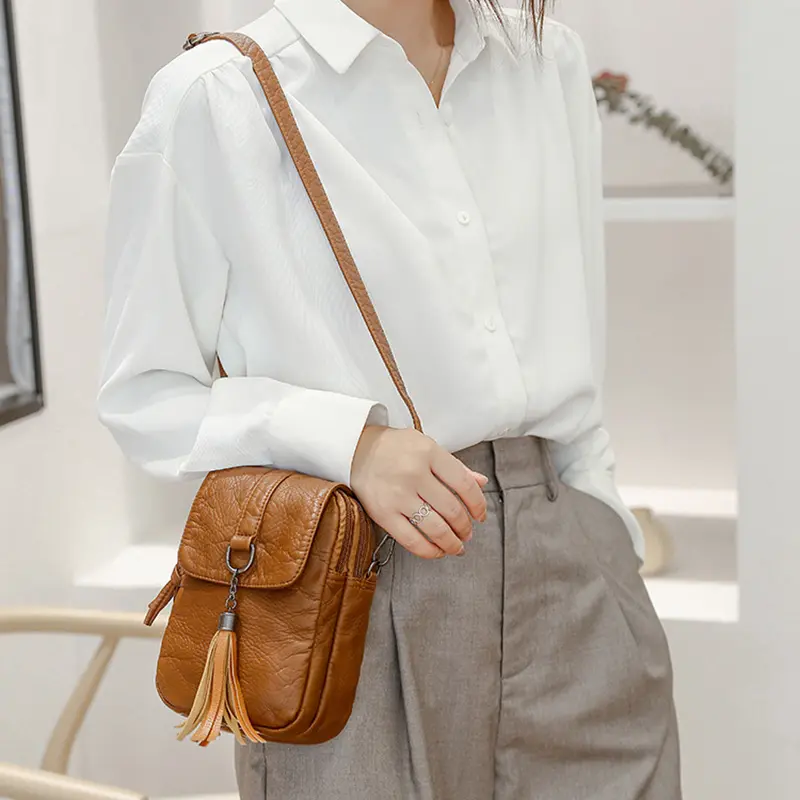Soft Leather Crossbody Bags for Women High Quality Solid Color Tassel Shoulder Bag Retro Cell Phone Purse Handbags
