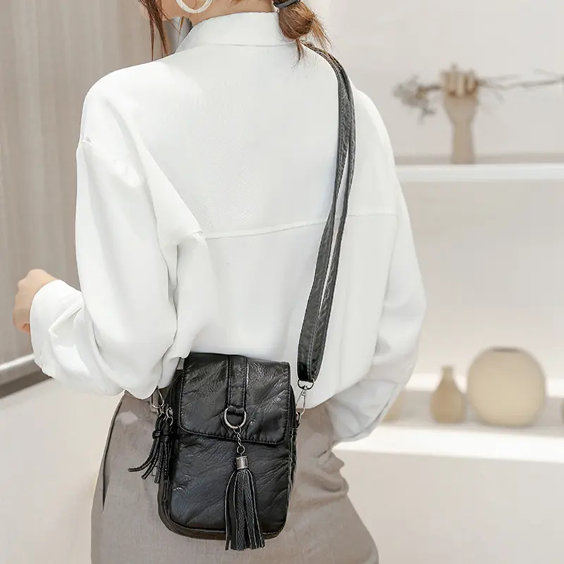 Soft Leather Crossbody Bags for Women High Quality Solid Color Tassel Shoulder Bag Retro Cell Phone Purse Handbags
