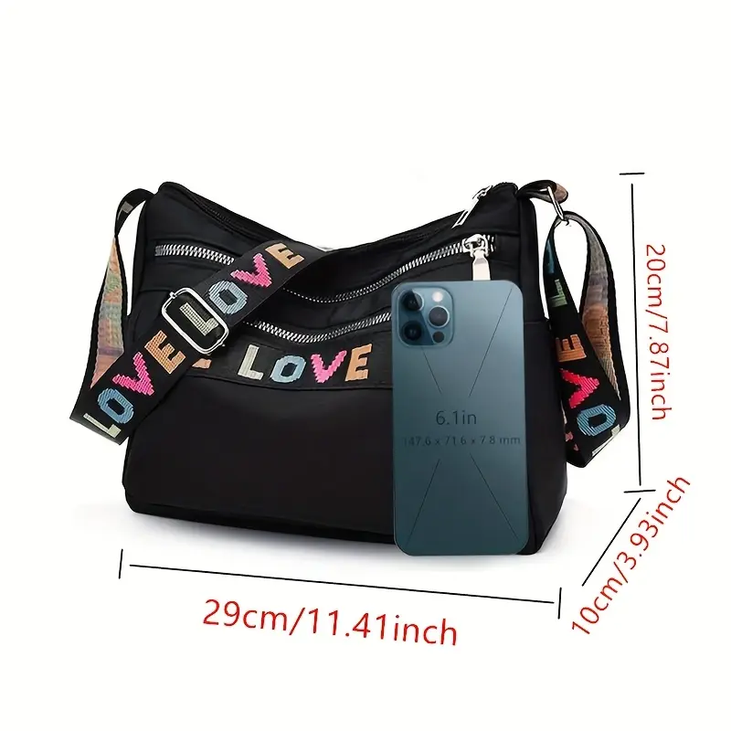 Fashion Letter Pattern Crossbody Bag, Casual Large Capacity Zipper Shoulder Bag, Trendy Oxford Messenger Bag for Women & Girls