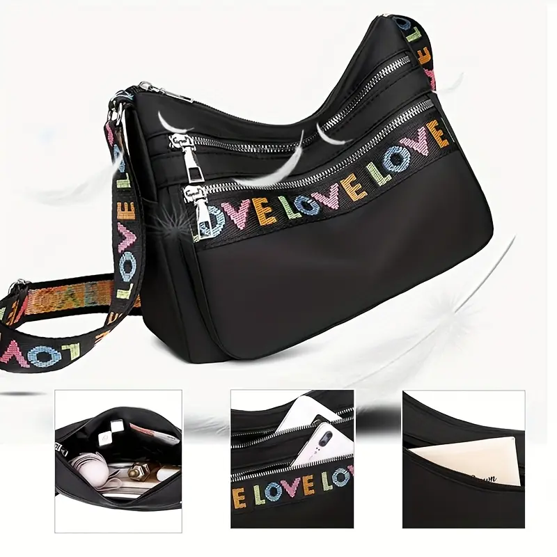 Fashion Letter Pattern Crossbody Bag, Casual Large Capacity Zipper Shoulder Bag, Trendy Oxford Messenger Bag for Women & Girls