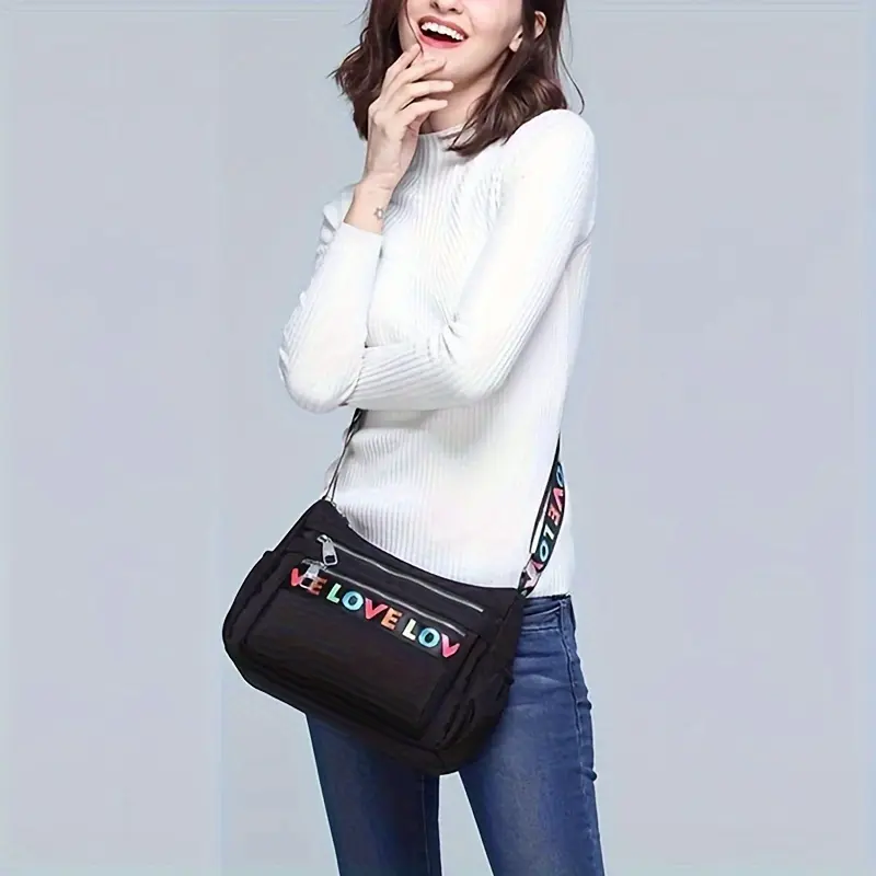 Fashion Letter Pattern Crossbody Bag, Casual Large Capacity Zipper Shoulder Bag, Trendy Oxford Messenger Bag for Women & Girls
