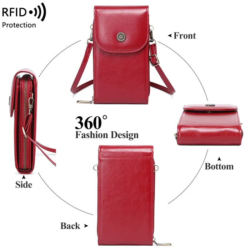 Retro RFID Shielded PU Oil Wax Leather Crossbody Phone Bag, Women's Large Capacity Wallet with Credit Card Slot