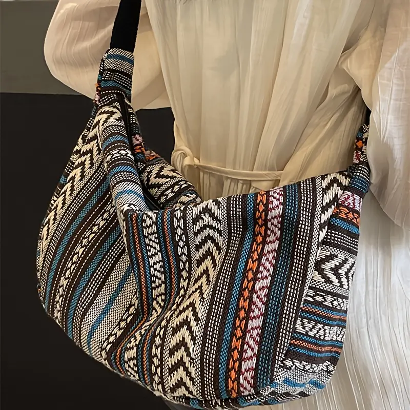 Tribal Style Shoulder Bag, Foldable Crossbody with Zipper Closure, Striped Pattern, Flag Theme Hand Washable Edge Painted Lining