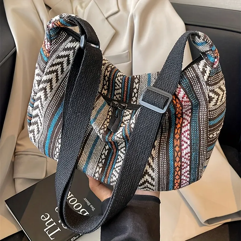 Tribal Style Shoulder Bag, Foldable Crossbody with Zipper Closure, Striped Pattern, Flag Theme Hand Washable Edge Painted Lining