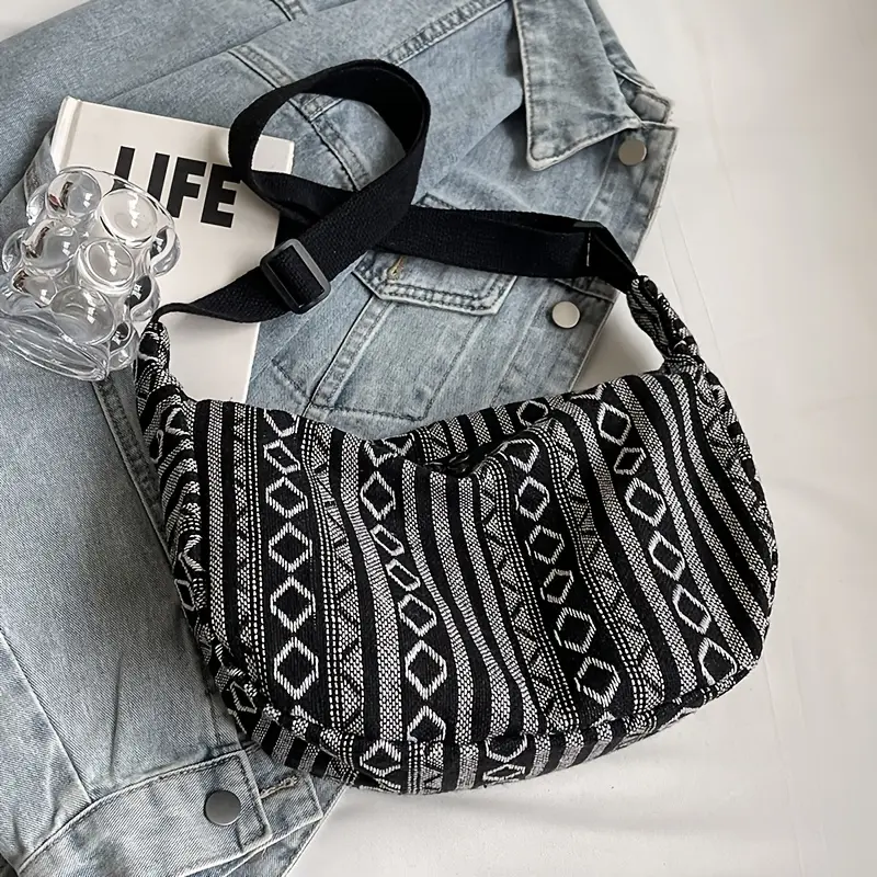 Tribal Style Shoulder Bag, Foldable Crossbody with Zipper Closure, Striped Pattern, Flag Theme Hand Washable Edge Painted Lining