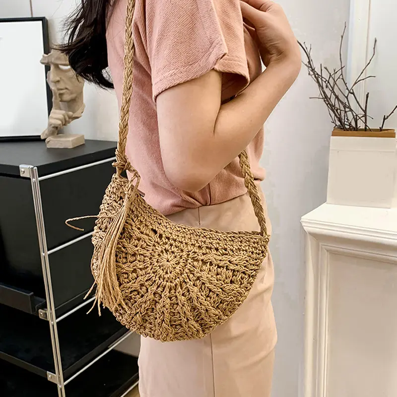 New Half Round Straw Bags for Women Summer Beach Rattan Bag Handmade Woven Half Moon Crossbody Bag Handbags