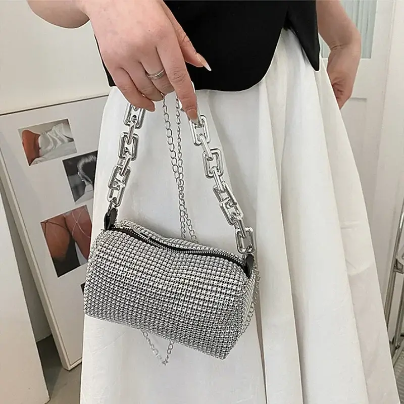 Allover Rhinestone Bucket Bag, Glitter Chain Prom Purse, Women's Mini Crossbody Bag