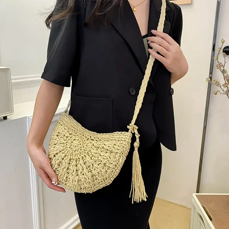 New Half Round Straw Bags for Women Summer Beach Rattan Bag Handmade Woven Half Moon Crossbody Bag Handbags
