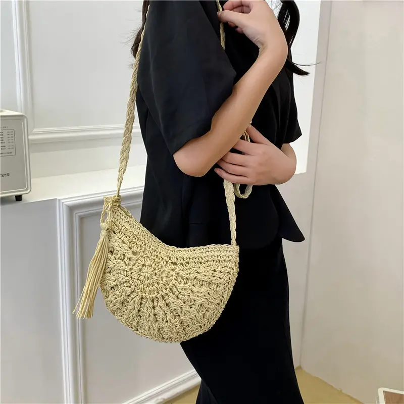 New Half Round Straw Bags for Women Summer Beach Rattan Bag Handmade Woven Half Moon Crossbody Bag Handbags