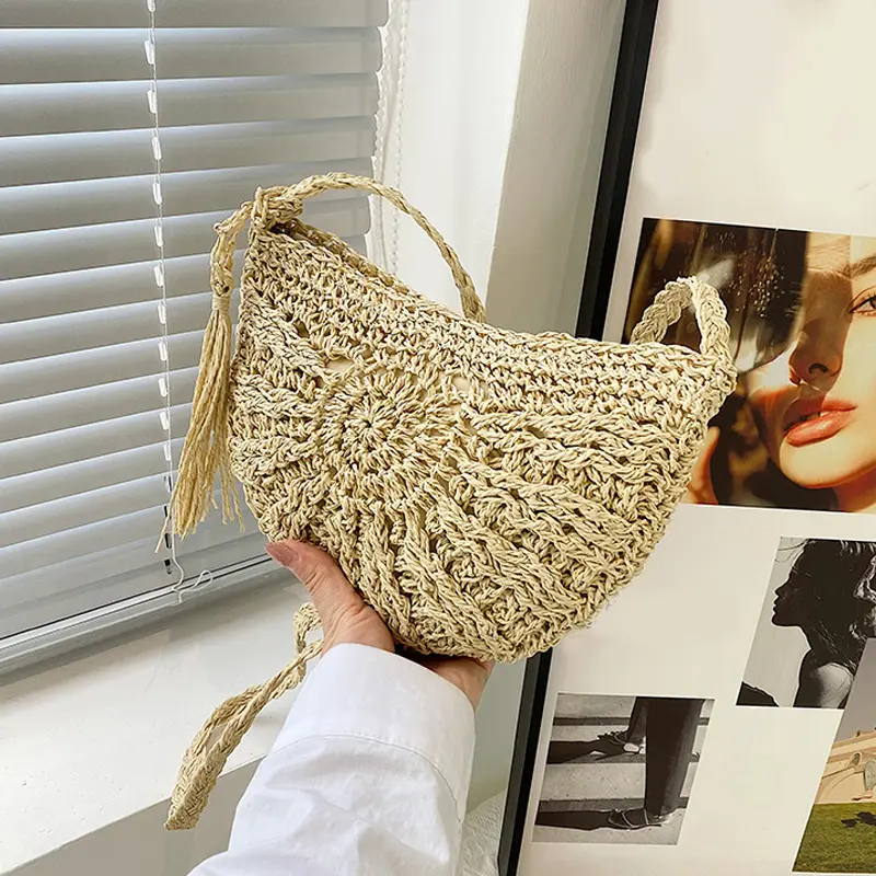 New Half Round Straw Bags for Women Summer Beach Rattan Bag Handmade Woven Half Moon Crossbody Bag Handbags