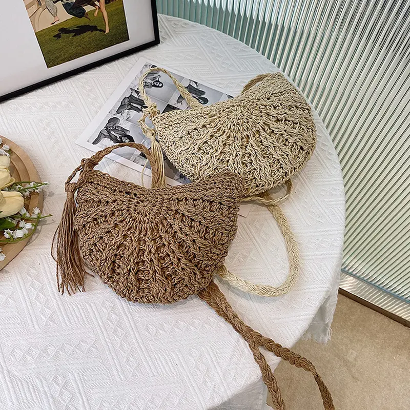 New Half Round Straw Bags for Women Summer Beach Rattan Bag Handmade Woven Half Moon Crossbody Bag Handbags
