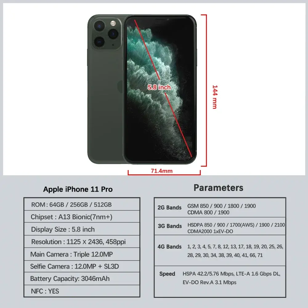 Original Apple iPhone 11 Pro 5.8" Retina OLED 64/256GB ROM 4GB RAM FACE ID A13 Bionic IOS iPhone 11pro 4G LTE 12MP SmartPhone