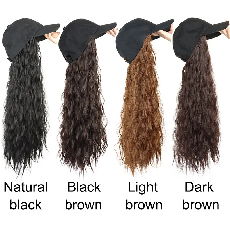 24Inch Synthetic Long Kinky Curly Wigs Baseball Cap Hat Adjustable One-piece Wigs for Women