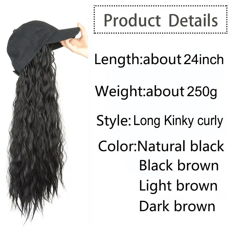 24Inch Synthetic Long Kinky Curly Wigs Baseball Cap Hat Adjustable One-piece Wigs for Women