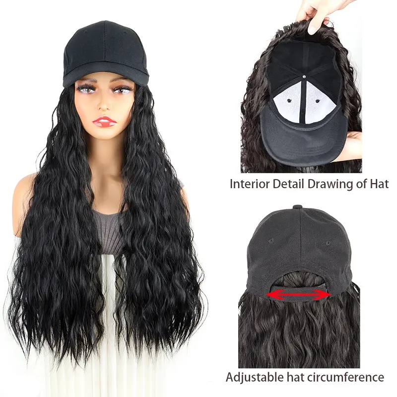 24Inch Synthetic Long Kinky Curly Wigs Baseball Cap Hat Adjustable One-piece Wigs for Women