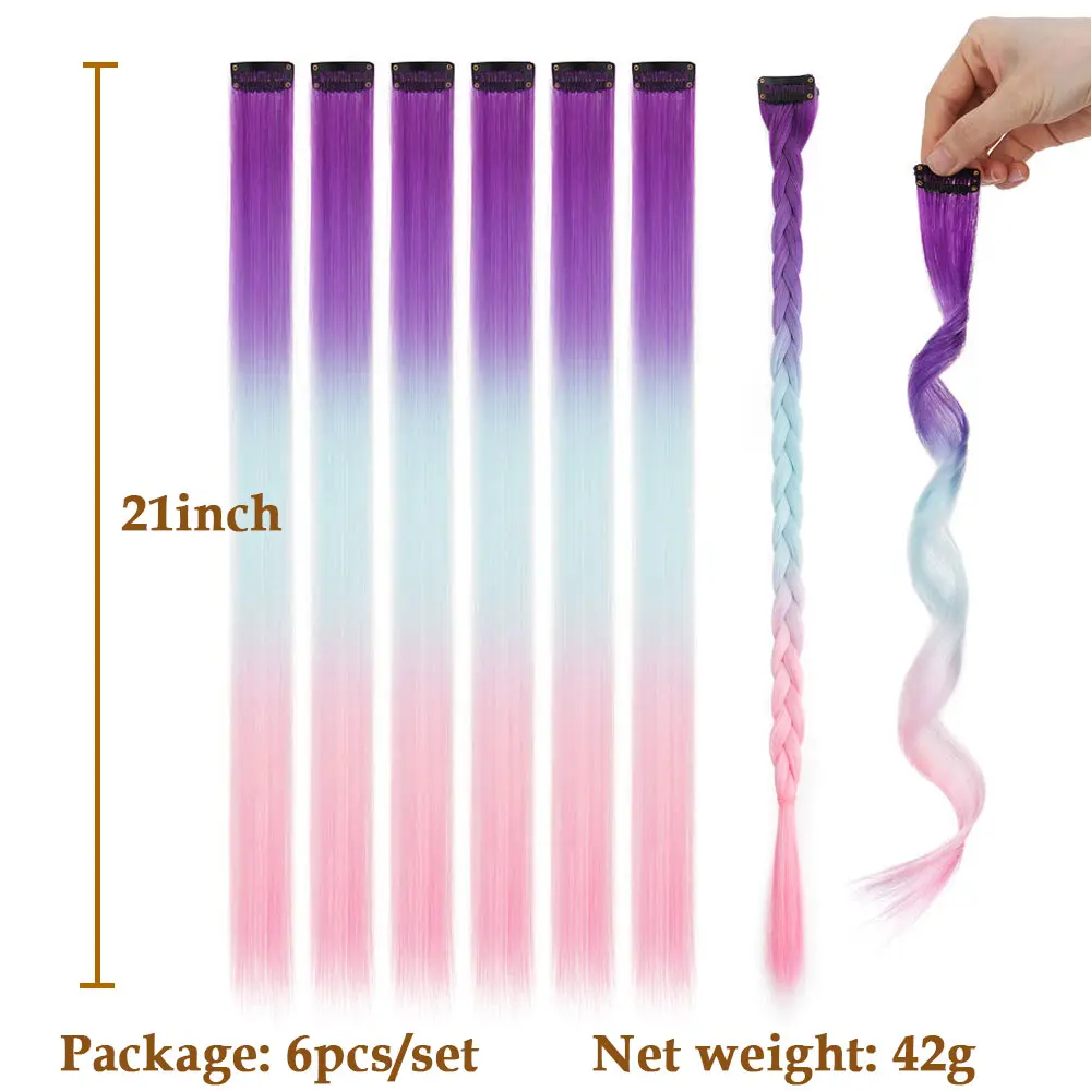 Benehair Colored Party Highlights Clip in Hair Extensions for Girls 21 inches Multi-colors Straight Hair Synthetic Hairpieces
