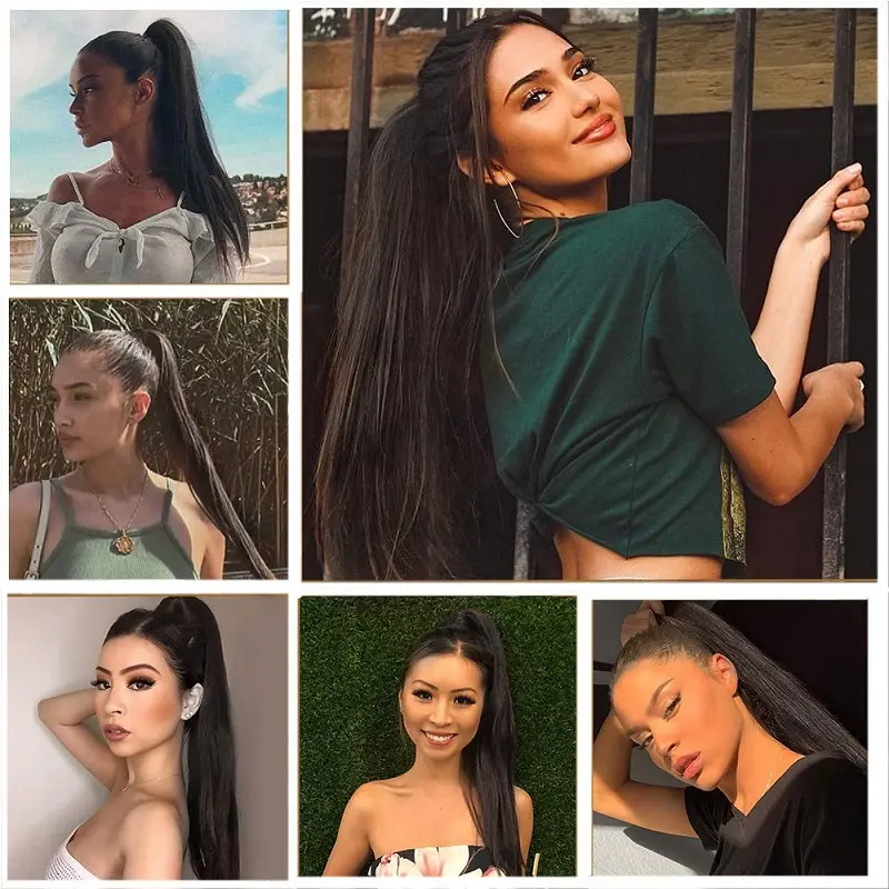 Synthetic Hair Accessories Long Straight Ponytail Wrap Around Clip in Hair Extension Black Brown Hairpiece for Women