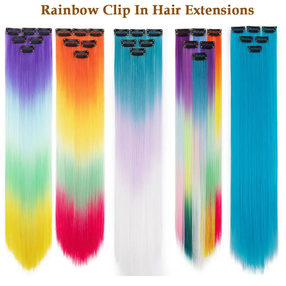 Benehair Colored Party Highlights Clip in Hair Extensions for Girls 21 inches Multi-colors Straight Hair Synthetic Hairpieces