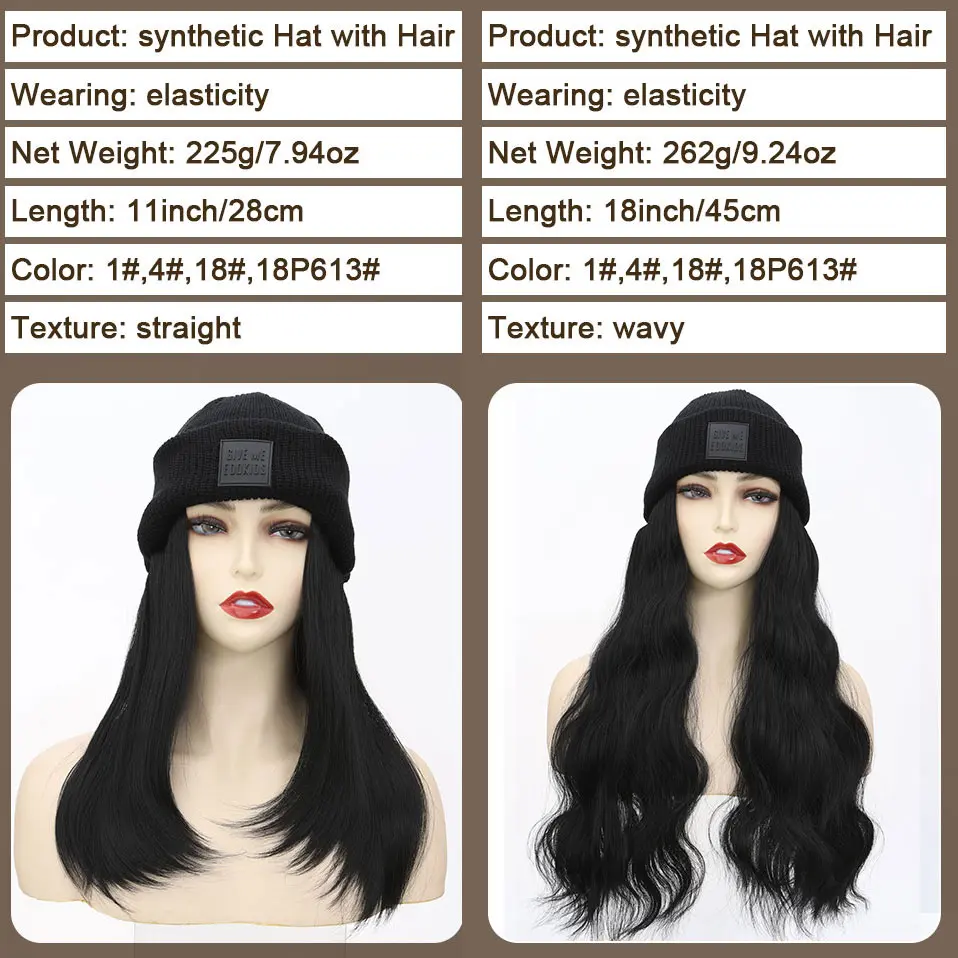 Hat Wig Knitted Beanie Wig Hat Hair Extension 11''18'' Long Wavy Curly Black Hat Wig Synthetic Hairpiece for Women Girls Winter