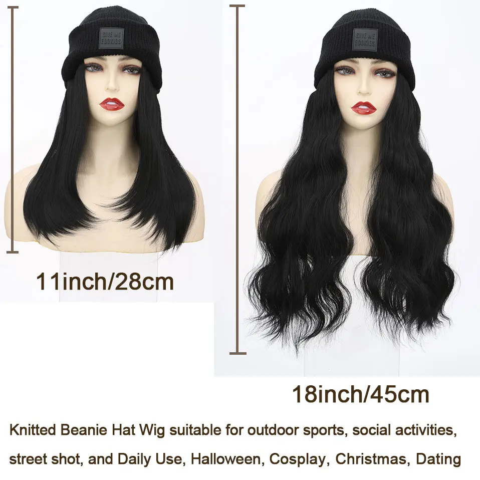 Hat Wig Knitted Beanie Wig Hat Hair Extension 11''18'' Long Wavy Curly Black Hat Wig Synthetic Hairpiece for Women Girls Winter