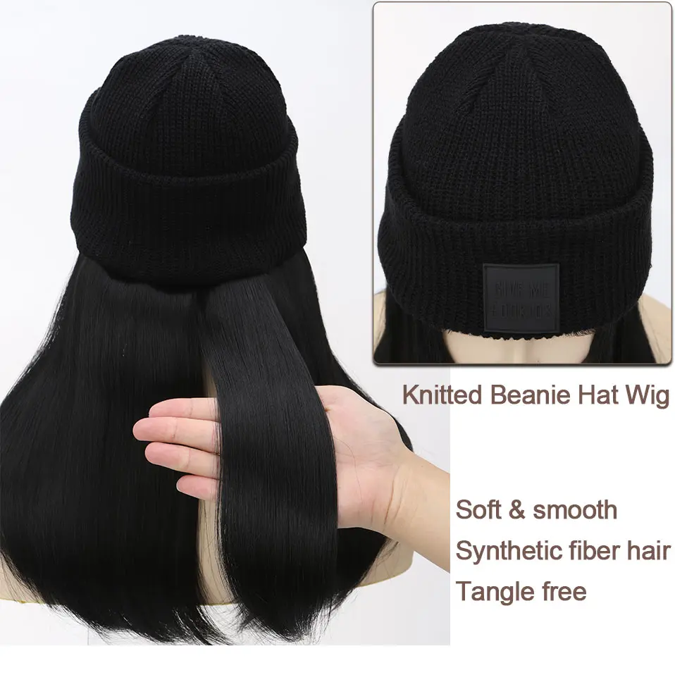 Hat Wig Knitted Beanie Wig Hat Hair Extension 11''18'' Long Wavy Curly Black Hat Wig Synthetic Hairpiece for Women Girls Winter
