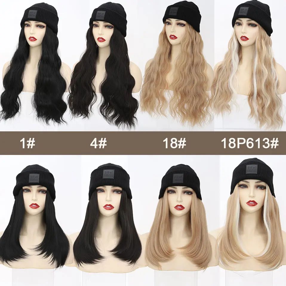 Hat Wig Knitted Beanie Wig Hat Hair Extension 11''18'' Long Wavy Curly Black Hat Wig Synthetic Hairpiece for Women Girls Winter