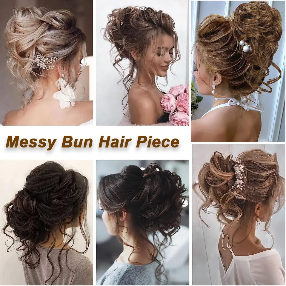 Synthetic Messy Bun Hair Piece Claw Clip Curly Wavy Hair Bun Tousled Updo Hair Extensions Scrunchie Long Beard Chignon for Women