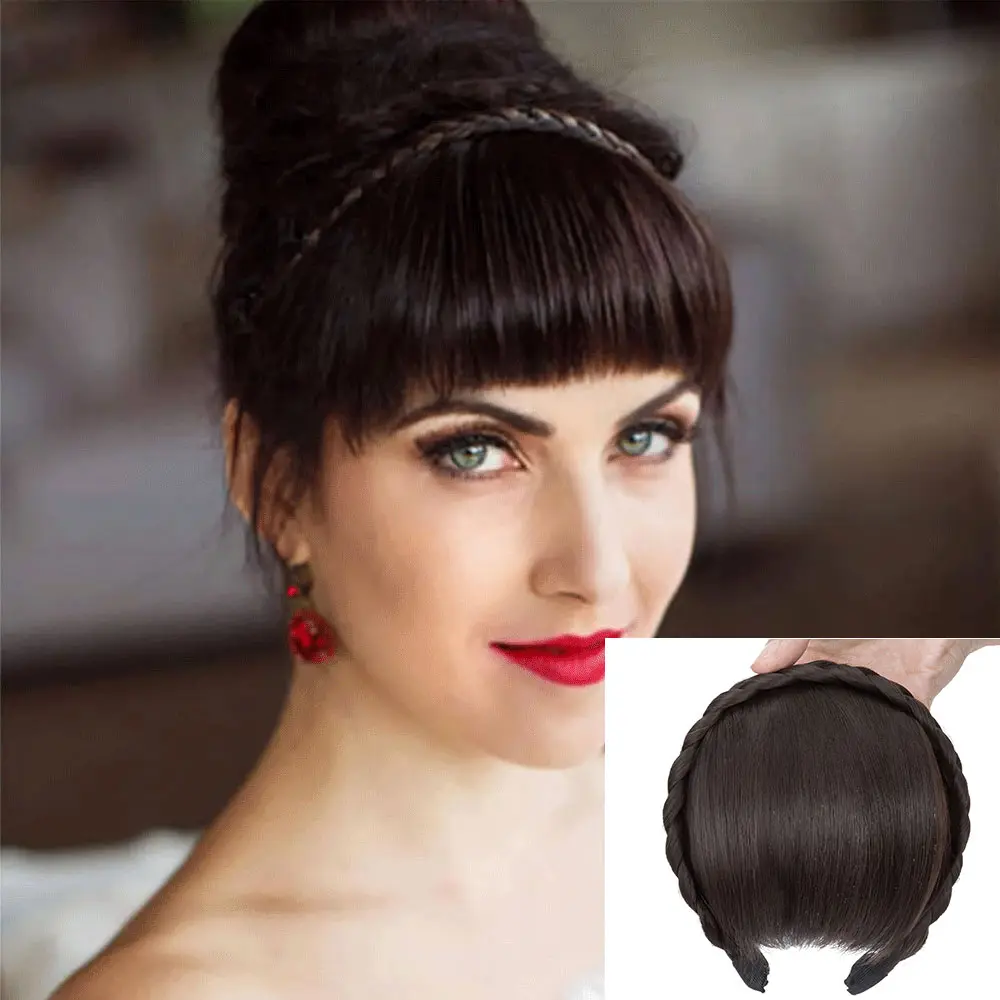 Benehair Braid Headband Synthetic Hair Fringe Headband with Bangs Hairpieces Instant Hair Bangs for Daily Wear Women Girls