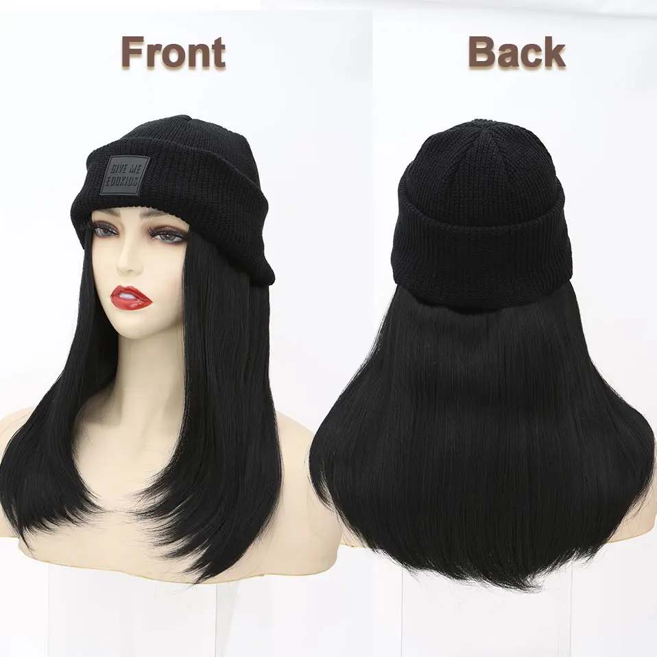 Hat Wig Knitted Beanie Wig Hat Hair Extension Straight Wig Hat Attached 11 Inch Synthetic Hairpiece for Women Girls Winter