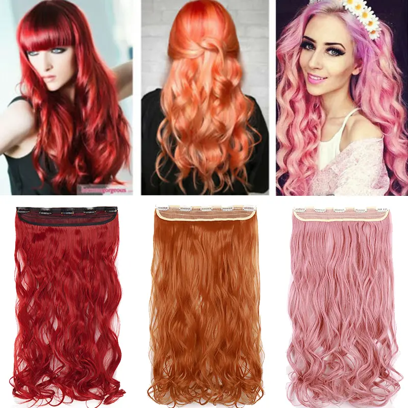 BENEHAIR Synthetic Hairpieces 24" 5 Clips In Hair Extension One Piece Long Curly Hair Extension For Women Pink Red Purple Hair